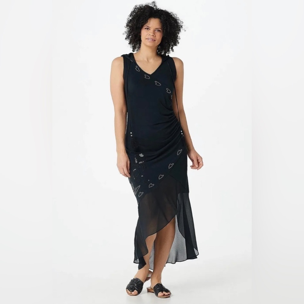 Haute Hippie Tribe Knit & Chiffon Maxi Dress with Hood - Women's S- Blac…